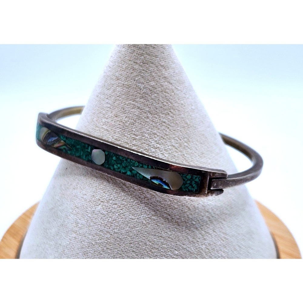Mexico Sterling Silver 925 Crushed Turquoise Shell Inlay Hinged Bangle Bracelet